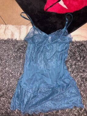 Lace Trim Blue Slip Nightdress - Women's Intimates Sz L